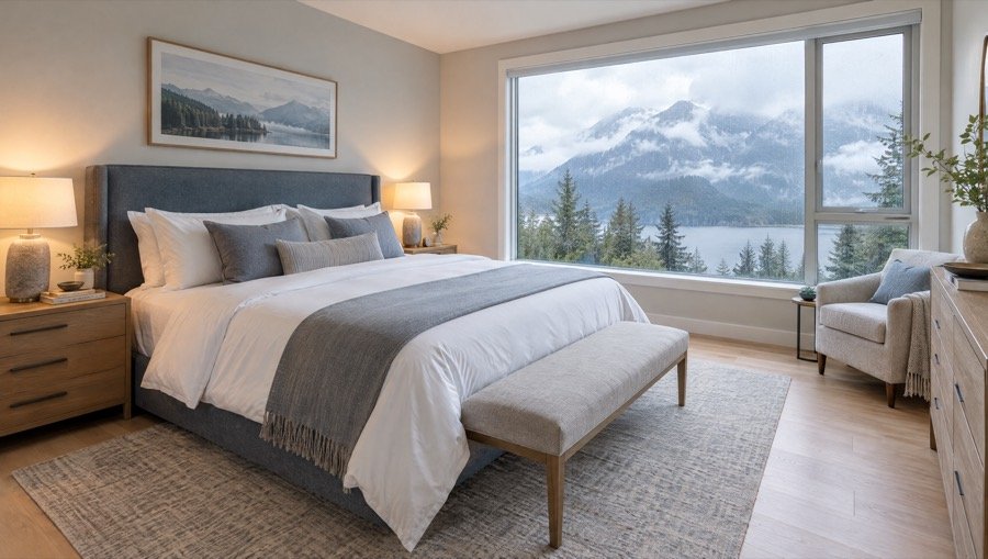 Sample photo: calm primary bedroom with a misty mountain view
