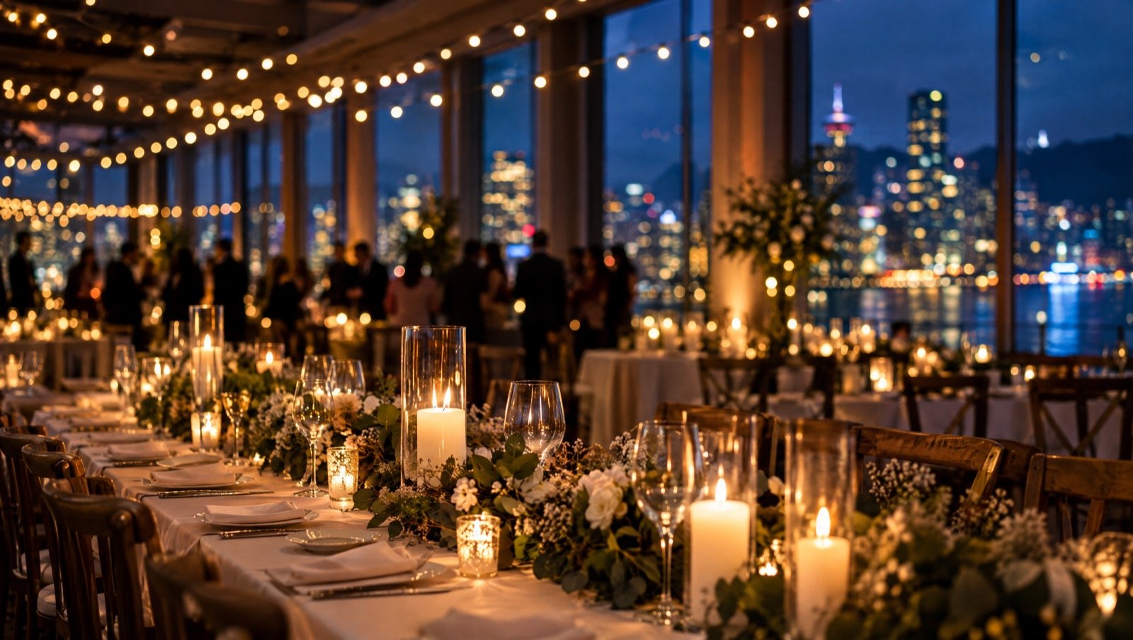 Sample photo: an evening reception with candles and string lights over the city