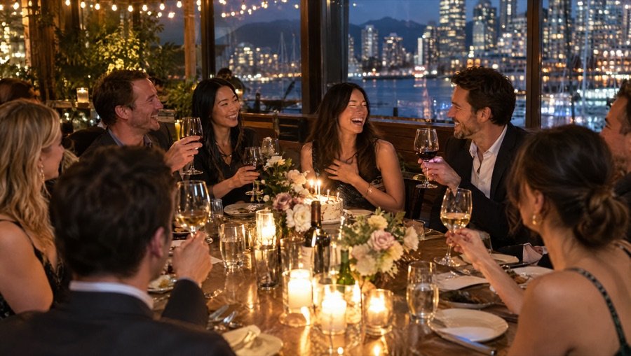 Sample photo: friends laughing and raising glasses at a candlelit birthday dinner by the harbour