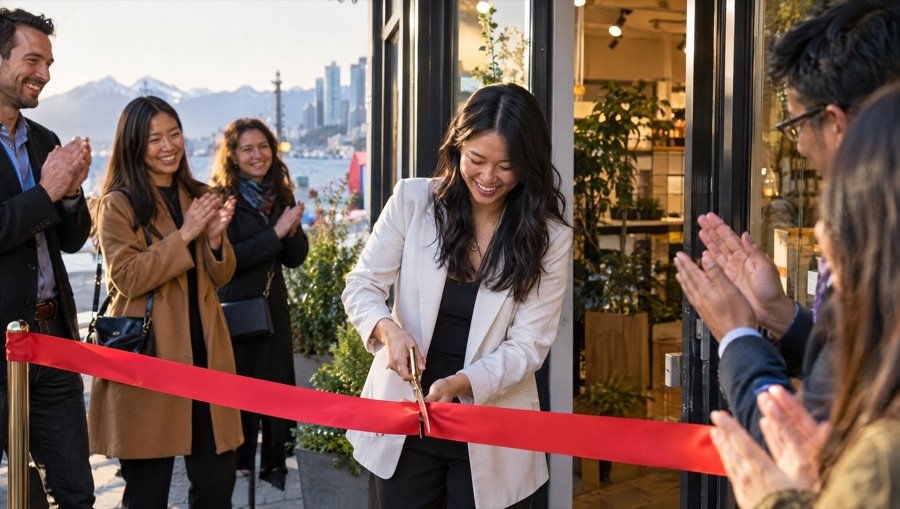 Sample photo: a shop owner cutting a red ribbon at a grand opening while guests clap