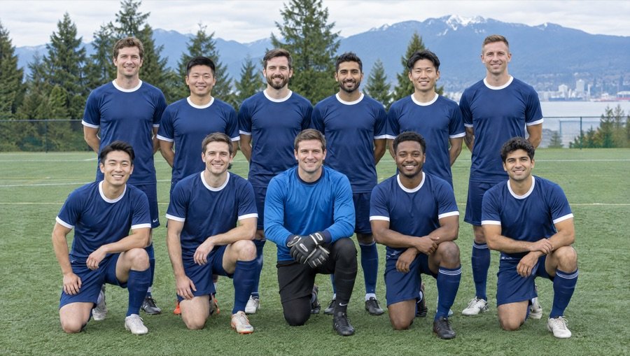 Sample photo: a club team in navy kits posing for a team photo with the mountains behind