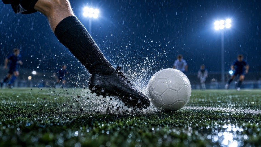 Sample photo: soccer cleat striking a ball on wet turf under floodlights